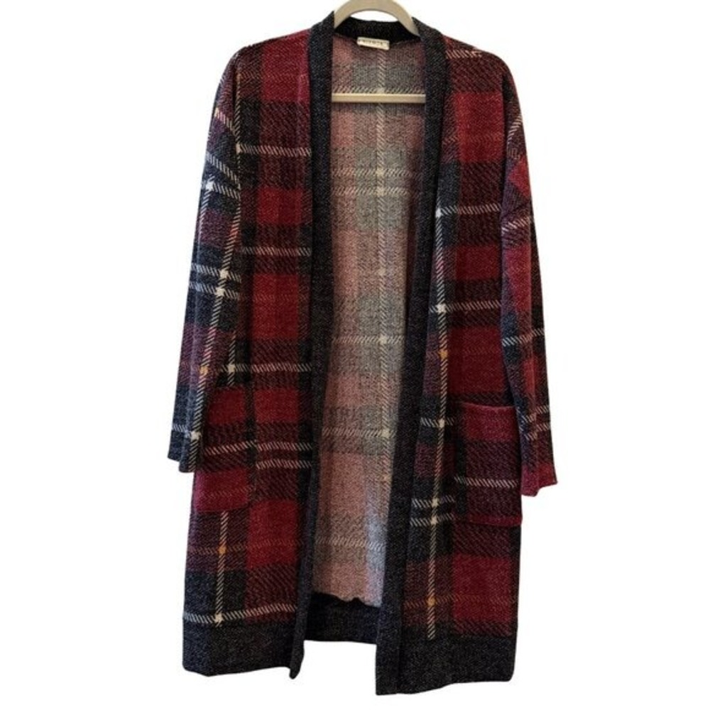Viamor Plaid Open Front‎ Long Cardigan – Red & Black - Size L